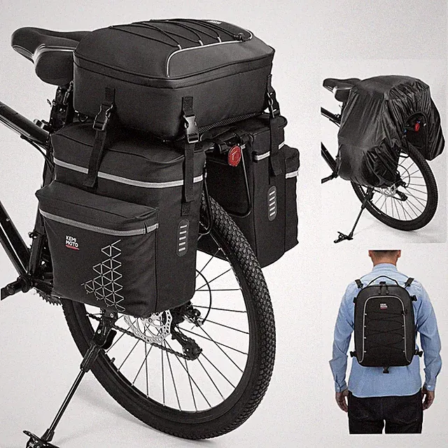 3-in-1 Bicycle Panniers with Waterproof Cover, 52L Cargo Bike Bag, Black