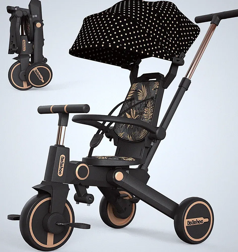 7-in-1 Foldable Tricycle Stroller for Toddlers 1-5 Years - Gold