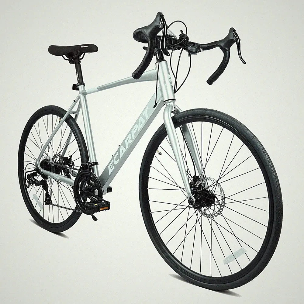700C Road Bike Racing Bike 16-Speed Aluminum Frame Disc Brakes Bicycle, Silver