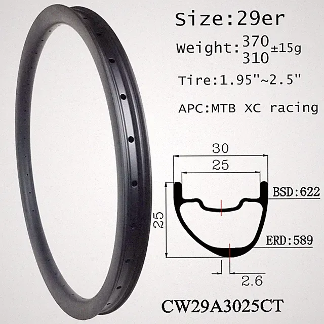 Carbon MTB Bicycle Rim 29er 30mm*25mm Hookless Clincher Tubeless Asymmetric